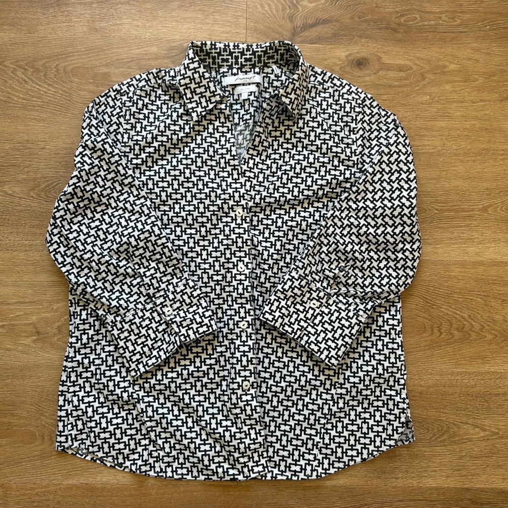 Foxcroft NYC Easy Care Black White Geometric Chain Link Button Down Shirt Large